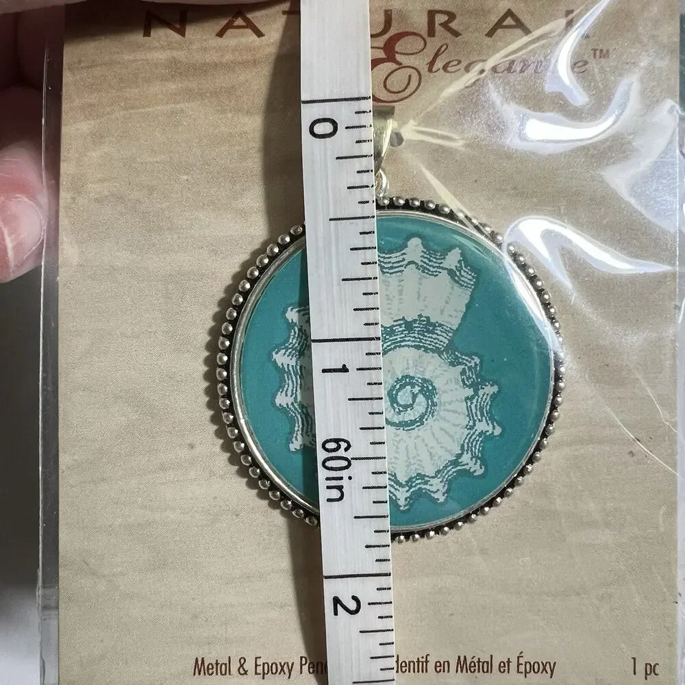 Blue Moon Bead Natural Elegance Shell Pendant Round Teal Silver Tone Metal Epoxy